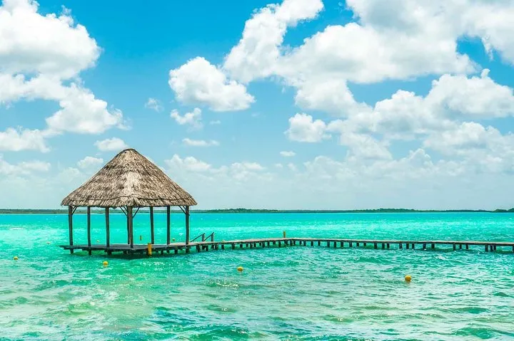 Bacalar lagoon of seven colors turquoise water on a day trip from Playa del Carmen, Mexico